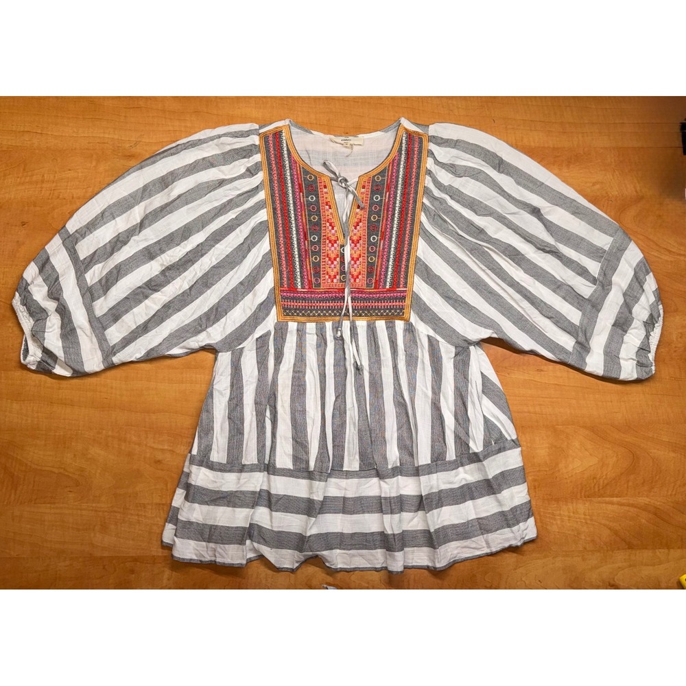 Entro Boho Embroidered Striped Peasant Tunic Top Grey White Womens Small